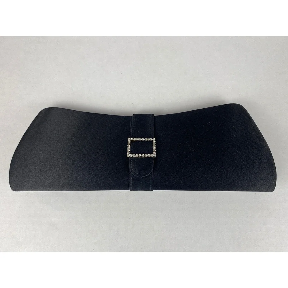 Black Satin Evening Clutch Bag Rhinestone Buckle Silver‎ Chain Strap Formal Bag